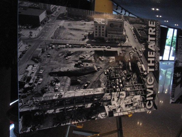 Graphic shows the Civic Theatre under construction, before opening in 1965. It was designed by Lloyd Ruocco, one of San Diego’s most influential architects.