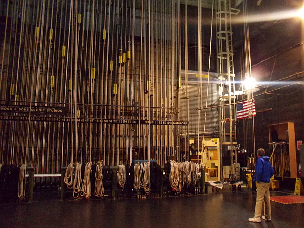 Now we are backstage, looking at dozens of ropes that might be used to lift or manipulate props, lighting, drop curtains--and perhaps even actors!