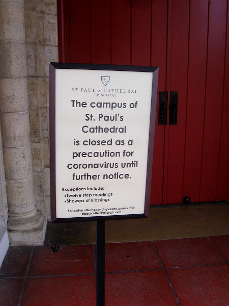 Sign indicates St. Paul's Cathedral is closed as a precaution during the pandemic.