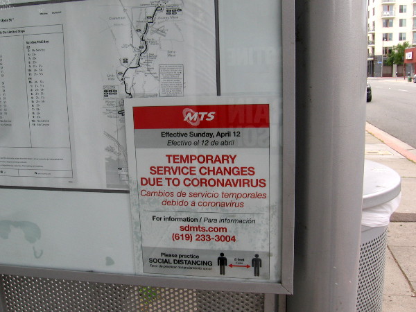Temporary services changes are posted at the bus stop on Upas Street.