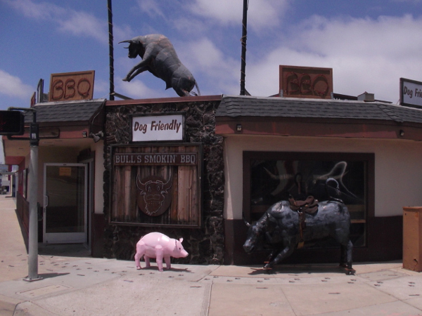 Looks like a farm around the entrance to Bull's Smokin' BBQ. Fun sculptures greet passersby on West Morena Boulevard.