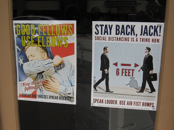 Good fellows use elbows. Keep the nation fighting fit! Stay back, Jack! Use air fist bumps.