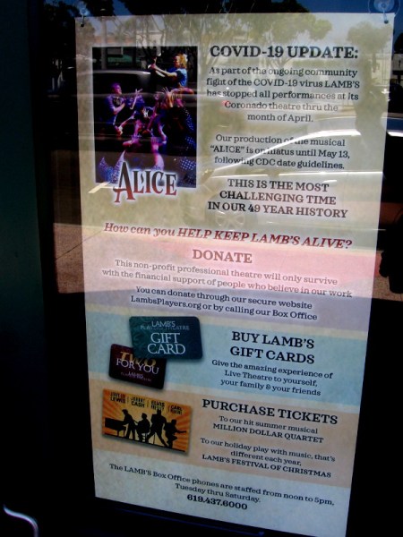 The COVID-19 crisis might prove fatal to the Lamb's Players Theatre. It's the most challenging time in their 49 year history. Perhaps send them a donation!