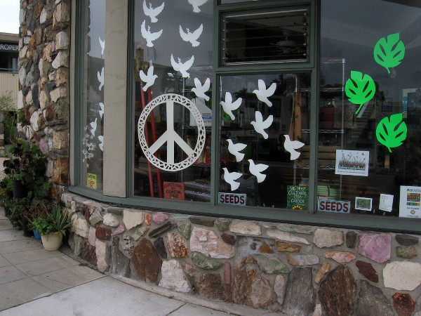 Some fun but simple artwork on the windows of Coastal Sage Gardening.