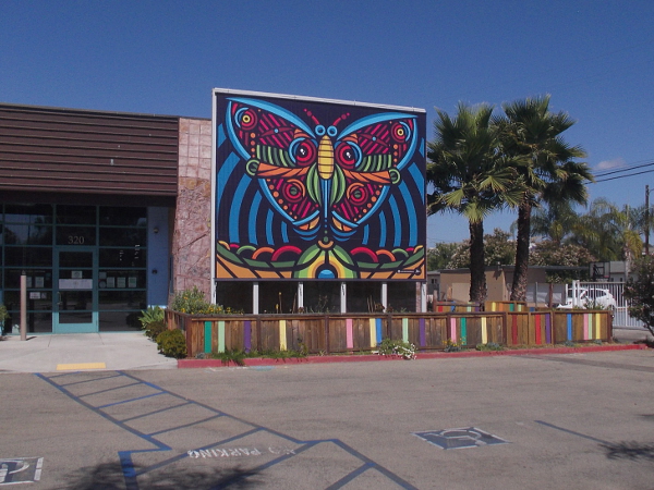 A beautiful, very colorful abstract butterfly mural near the entrance to the San Diego Children's Discovery Museum.