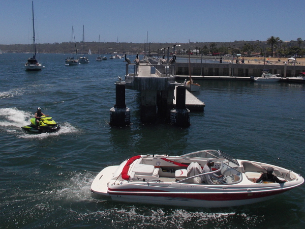 These guys are coming in. Pelicans stand on the rail across the water.