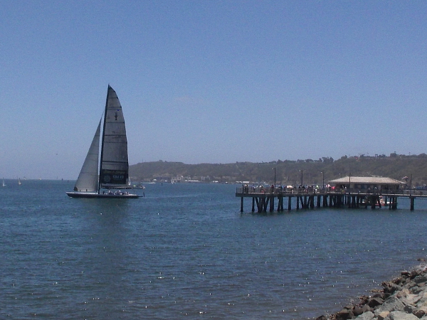 The huge Stars and Stripes racing yacht is passing the Shelter Island Pier. I haven't seen it on the bay for a very long time.