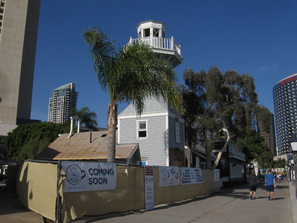 The Seaport Village lighthouse has always been light blue. For many years you could purchase cookies here. I see a new eatery called Spill the Beans is coming.
