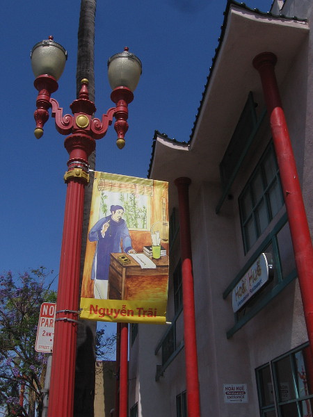 Banners, lamp posts and architecture reflect Vietnamese culture in San Diego's Little Saigon.
