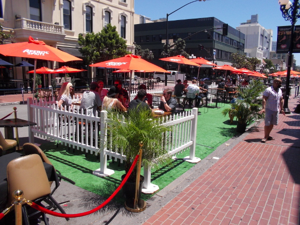 Restaurants in the Gaslamp have set up outdoor patios right into Fifth Avenue.