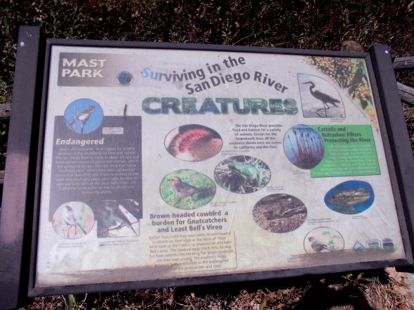 Another sign south of the river. Except for the largemouth bass, all the creatures shown are native to California and the river.