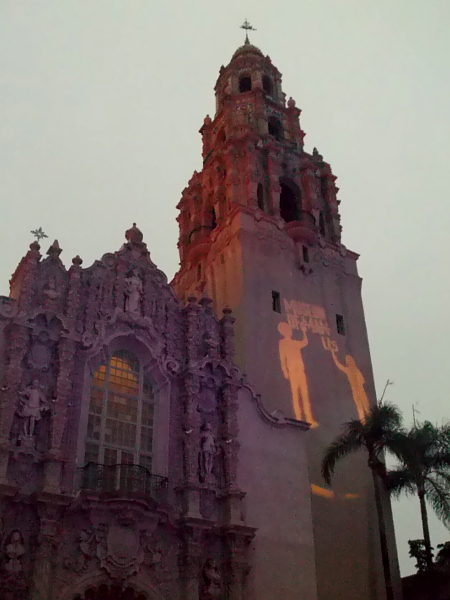 The California Tower in Balboa Park is lit purple and gold to celebrate the 100th anniversary of the 19th Amendment, giving women the right to vote.