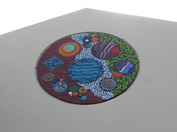 Abstract mosaic near roof seems to depict bodies in our solar system.