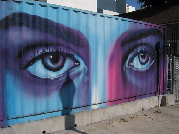 Eyes on a container outside Quartyard painted by Carly Ealey.