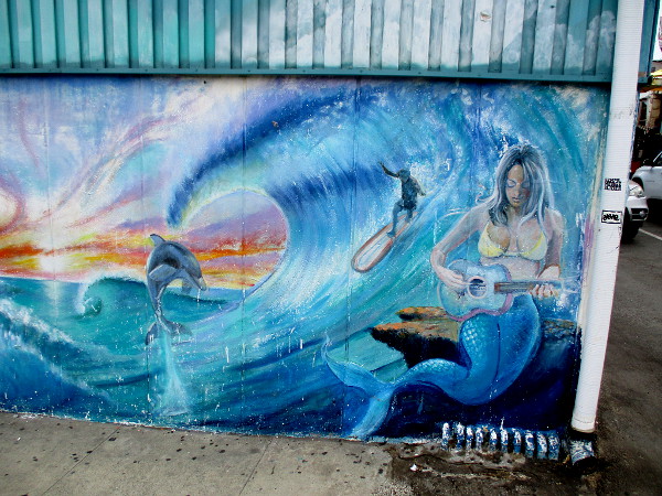 A sunset, dolphin, surfer and guitar-strumming mermaid!