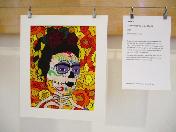 Celebrating Frida in the Afterlife, by Hayle V., San Pasqual Union School District Grade 7, 2020. Acrylic paint, markers.