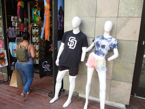 Several shops in the Gaslamp have Padres apparel out on display.