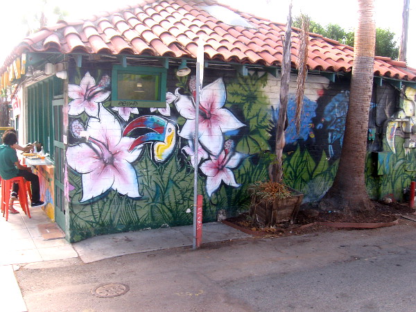 Mural painted at Johnny Mananas on Mission Avenue features tropical flowers and birds.